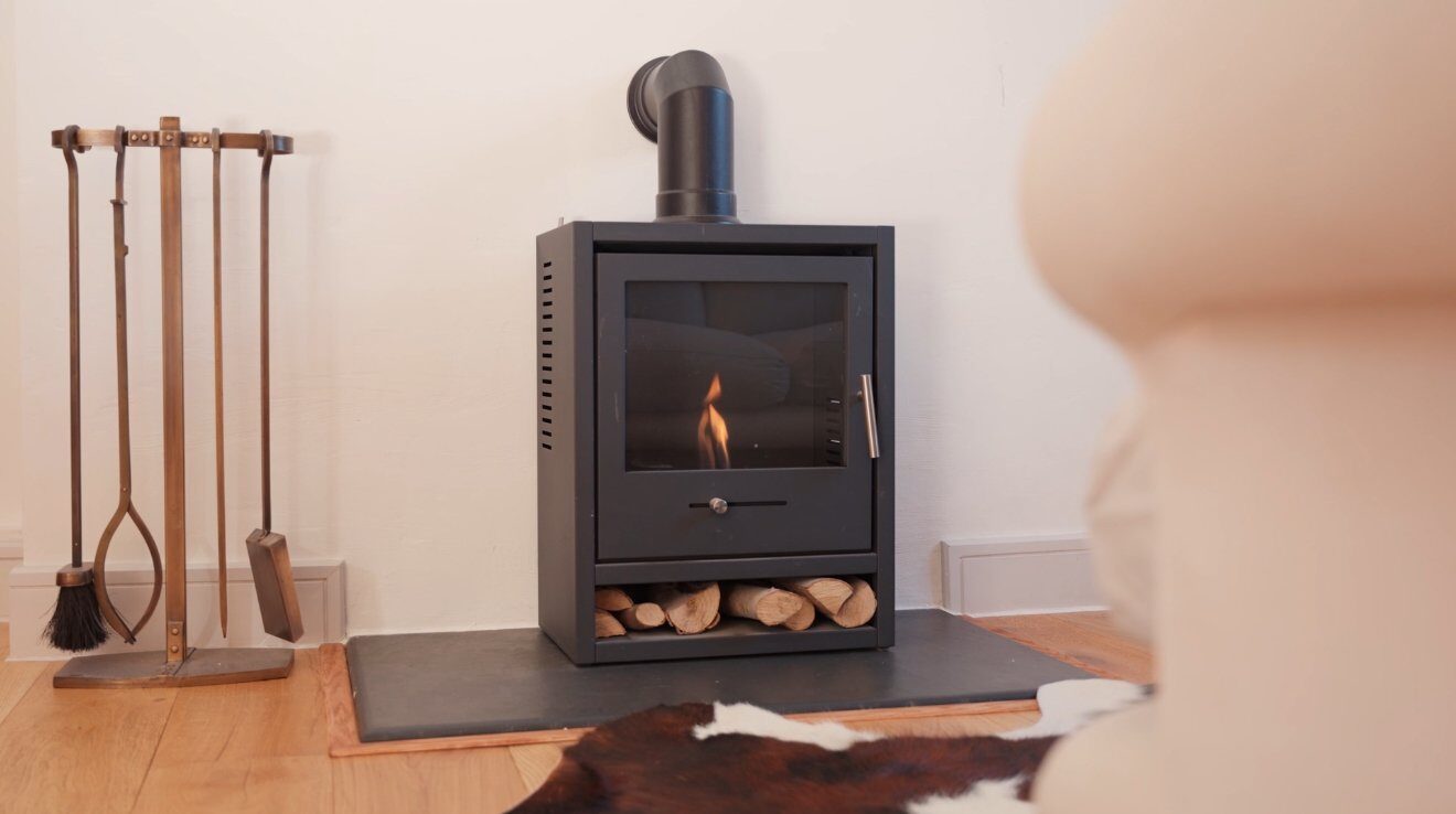 Log burner close-up with stacked wood
