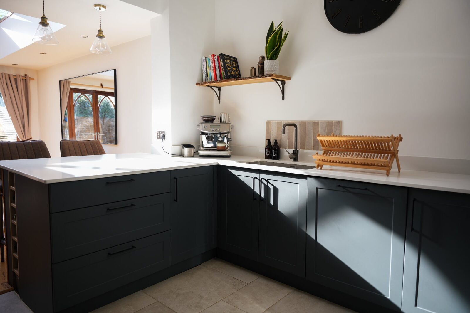 Kitchen wider angle with Gothic window reflections