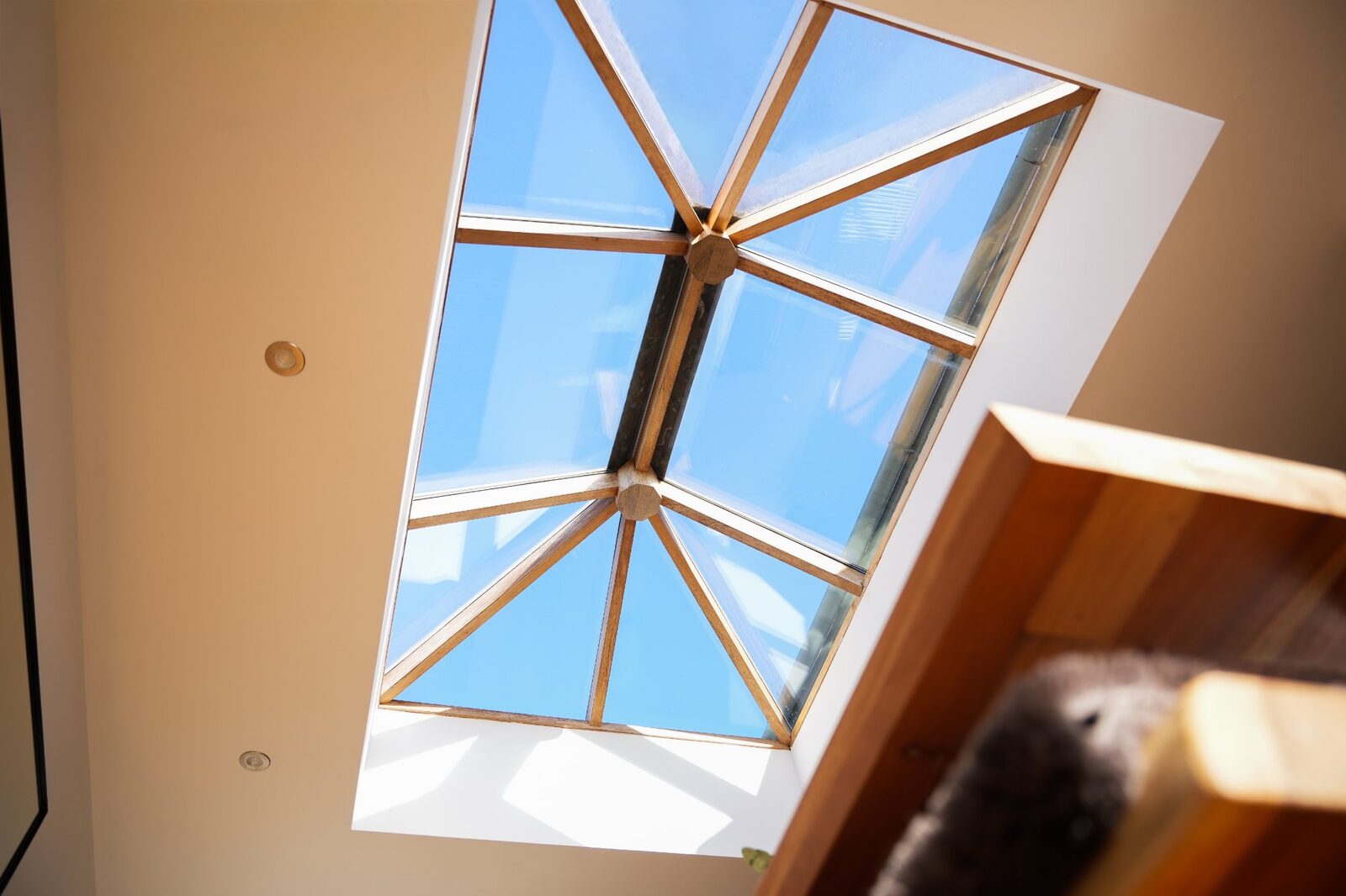 Oak-framed lantern skylight close-up